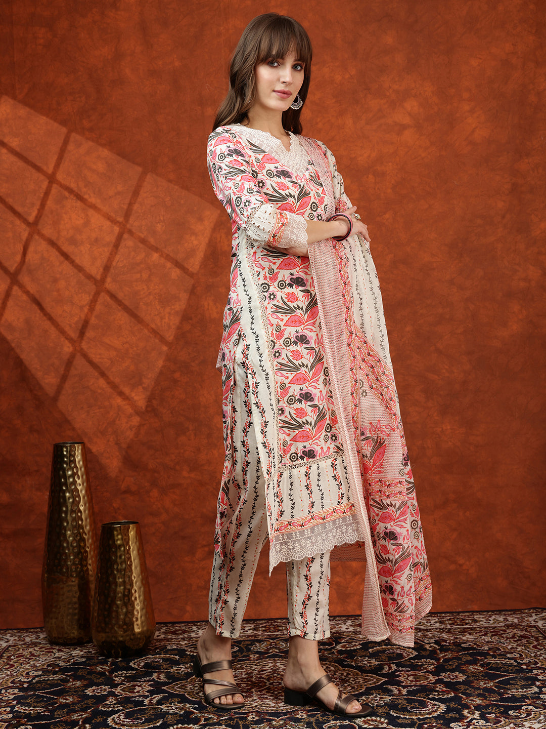 Lace Detailing & Printed Kurta With Pant & Dupatta, Pink - Hiral Fashion