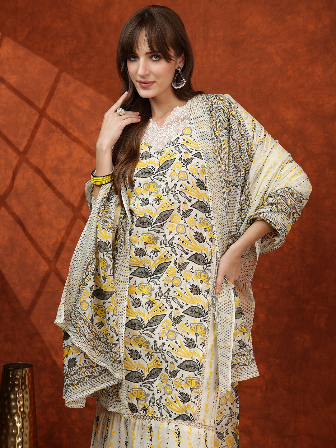 Lace Detailing & Printed Kurta With Pant & Dupatta, Yellow - Hiral Fashion