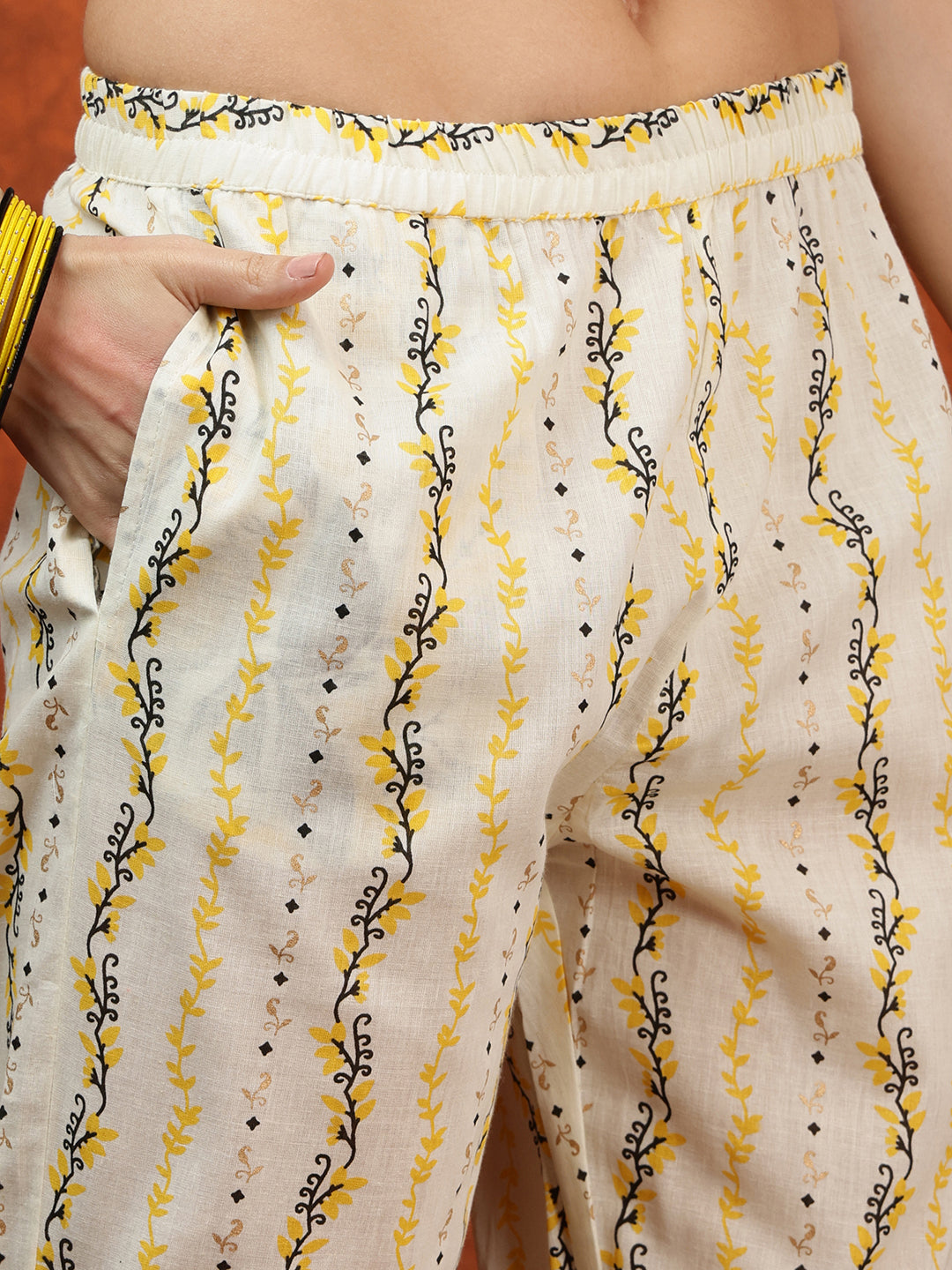 Lace Detailing & Printed Kurta With Pant & Dupatta, Yellow - Hiral Fashion