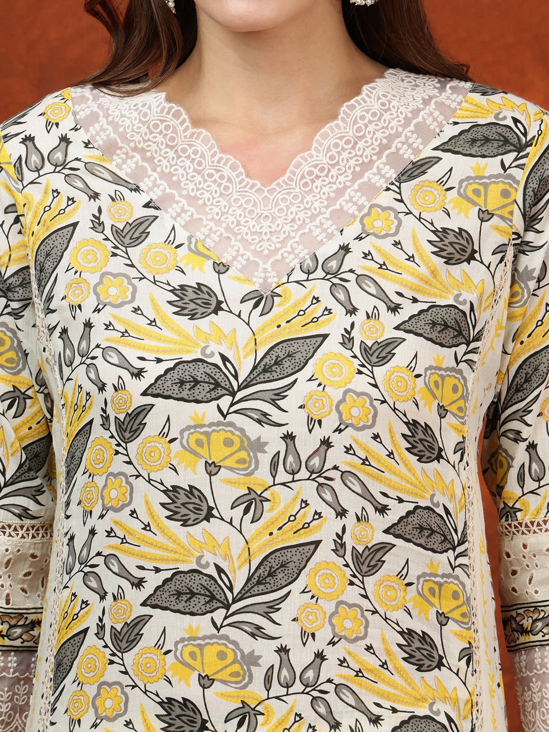 Lace Detailing & Printed Kurta With Pant & Dupatta, Yellow - Hiral Fashion