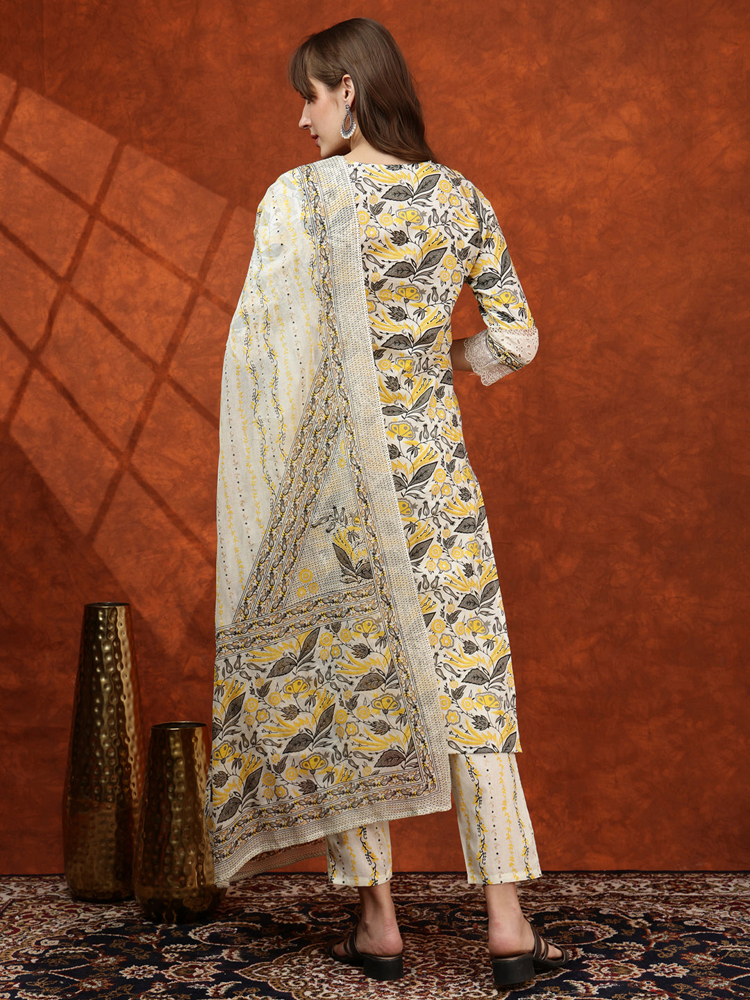 Lace Detailing & Printed Kurta With Pant & Dupatta, Yellow - Hiral Fashion