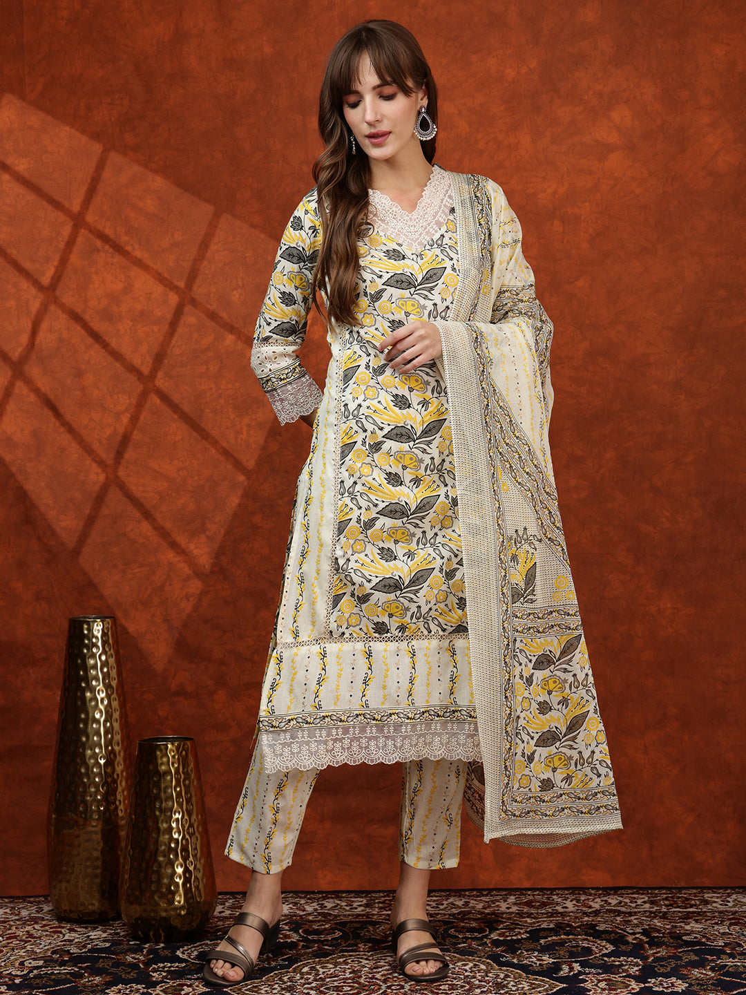 Lace Detailing & Printed Kurta With Pant & Dupatta, Yellow - Hiral Fashion