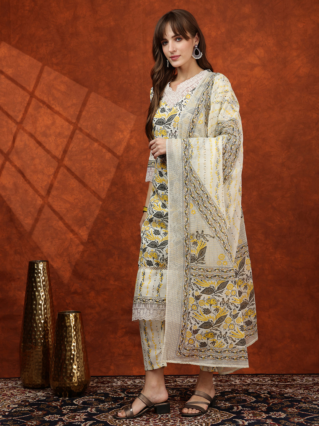 Lace Detailing & Printed Kurta With Pant & Dupatta, Yellow - Hiral Fashion