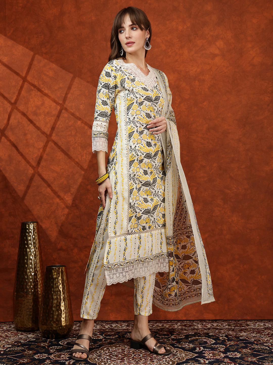 Lace Detailing & Printed Kurta With Pant & Dupatta, Yellow - Hiral Fashion