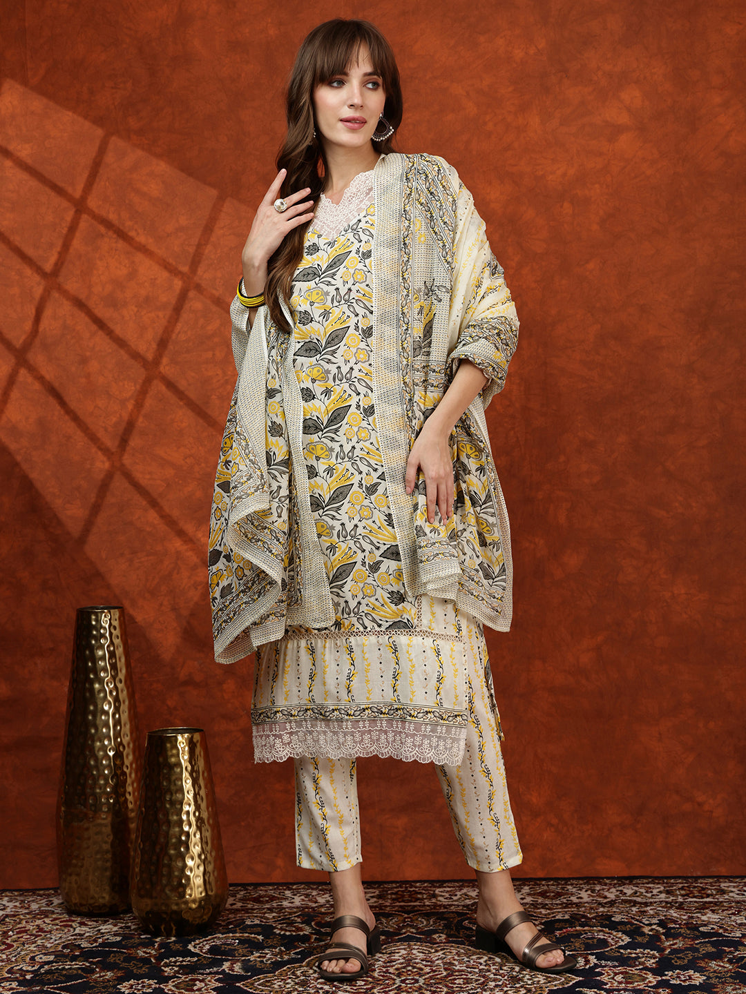 Lace Detailing & Printed Kurta With Pant & Dupatta, Yellow - Hiral Fashion