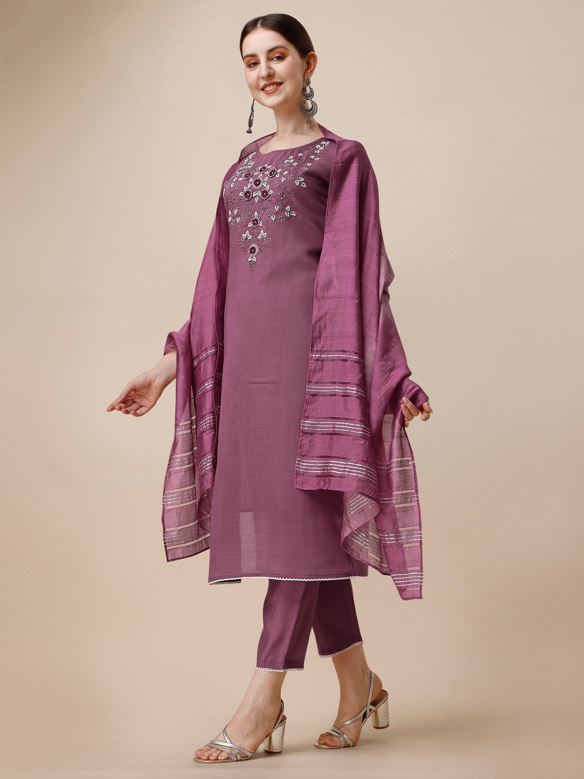 Hand Embroidered Chanderi Kurta With Pant And Dupatta Set, Multicolor - Hiral Fashion