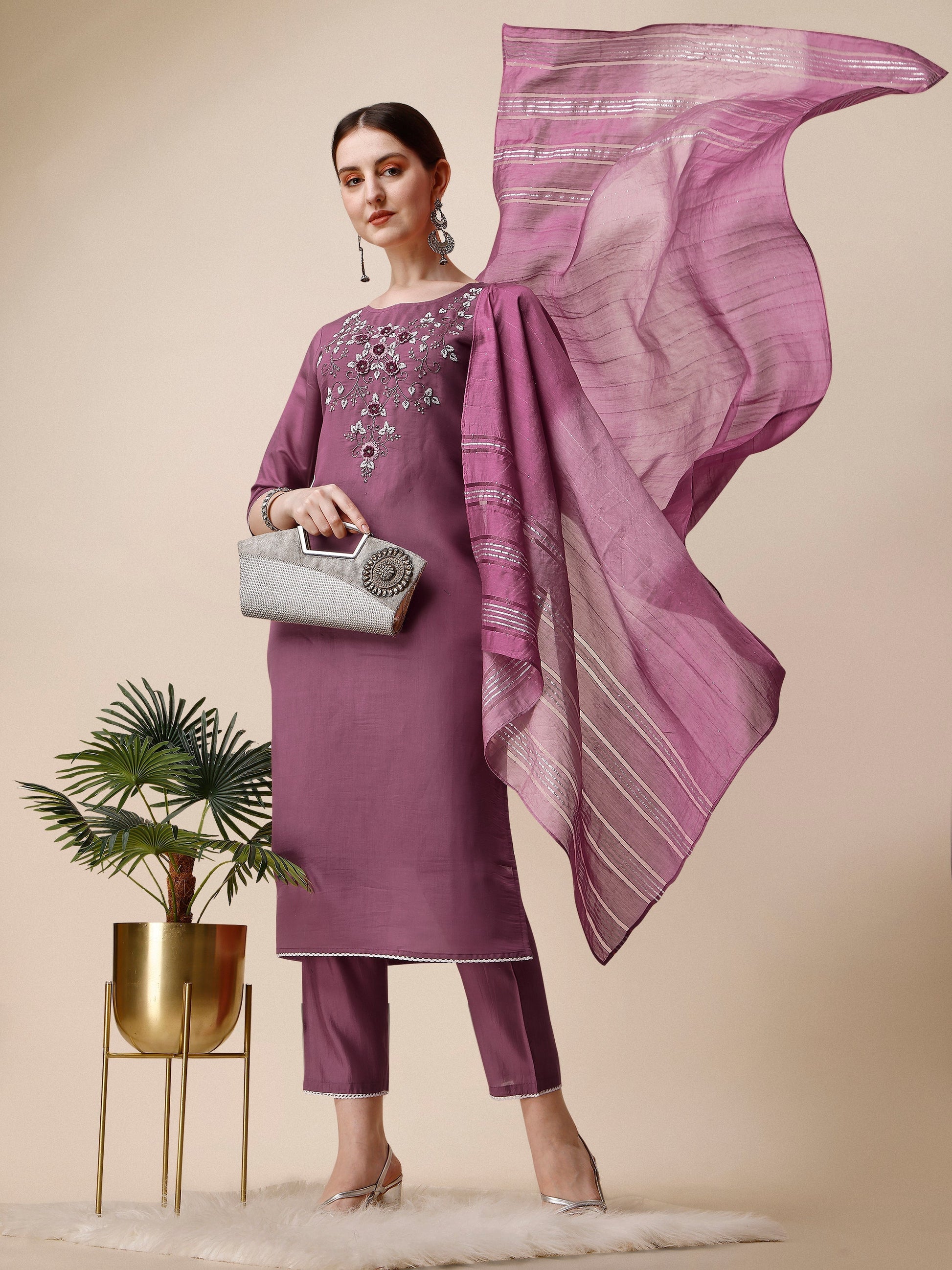 Hand Embroidered Chanderi Kurta With Pant And Dupatta Set, Multicolor - Hiral Fashion