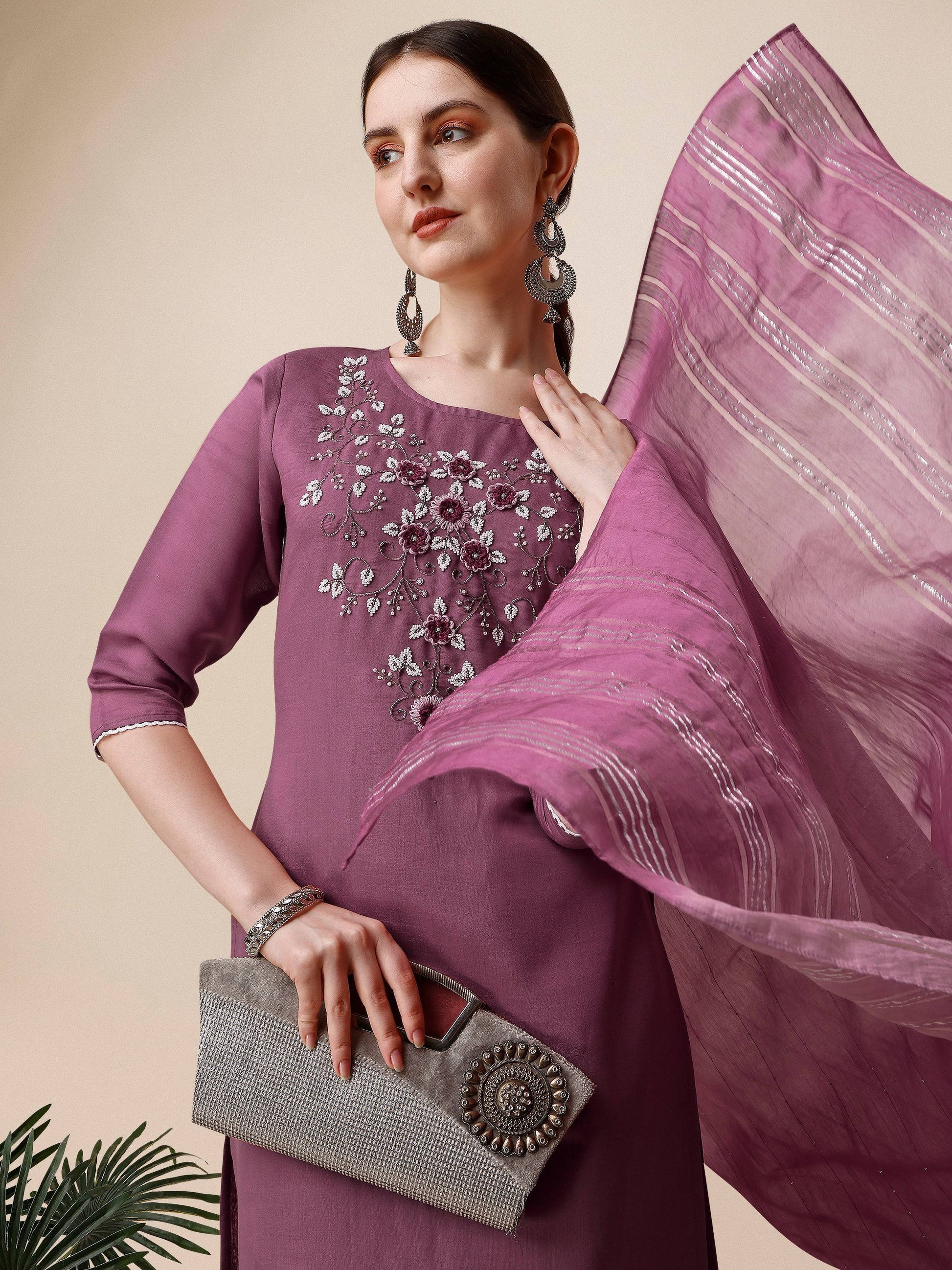 Hand Embroidered Chanderi Kurta With Pant And Dupatta Set, Multicolor - Hiral Fashion