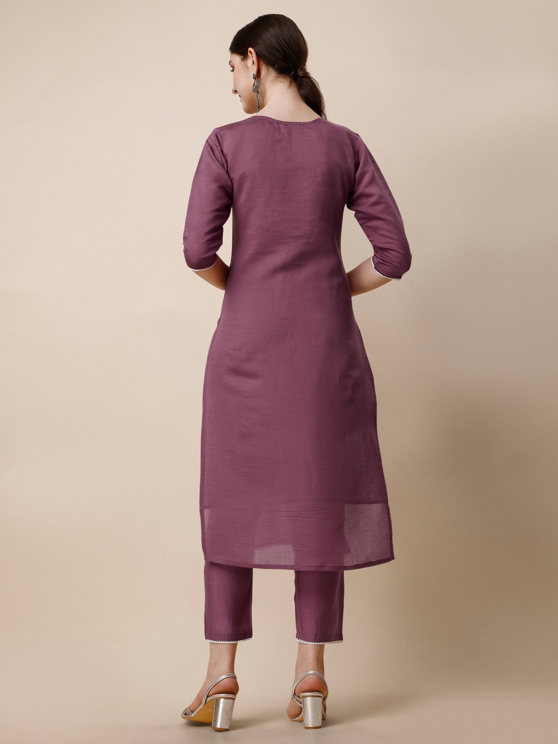 Hand Embroidered Chanderi Kurta With Pant And Dupatta Set, Multicolor - Hiral Fashion