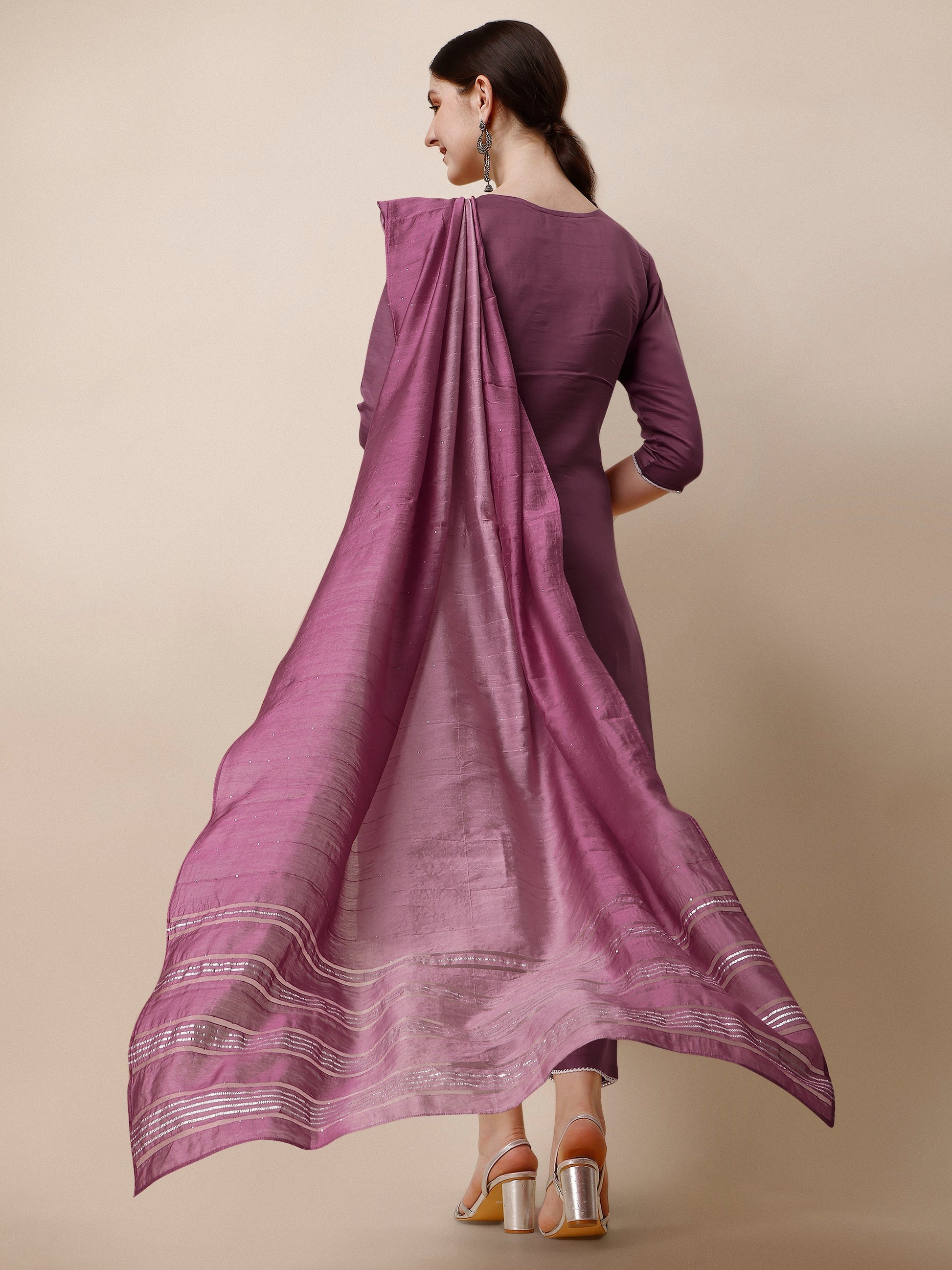 Hand Embroidered Chanderi Kurta With Pant And Dupatta Set, Multicolor - Hiral Fashion
