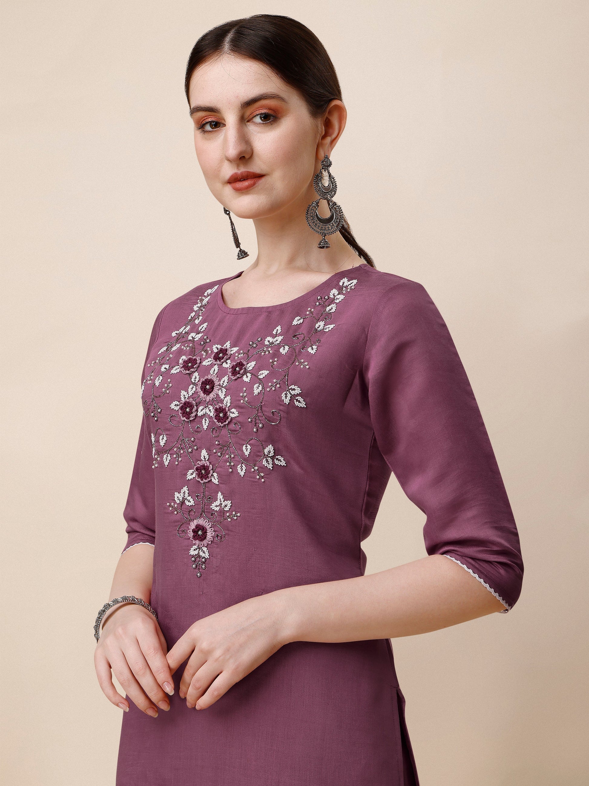 Hand Embroidered Chanderi Kurta With Pant And Dupatta Set, Multicolor - Hiral Fashion