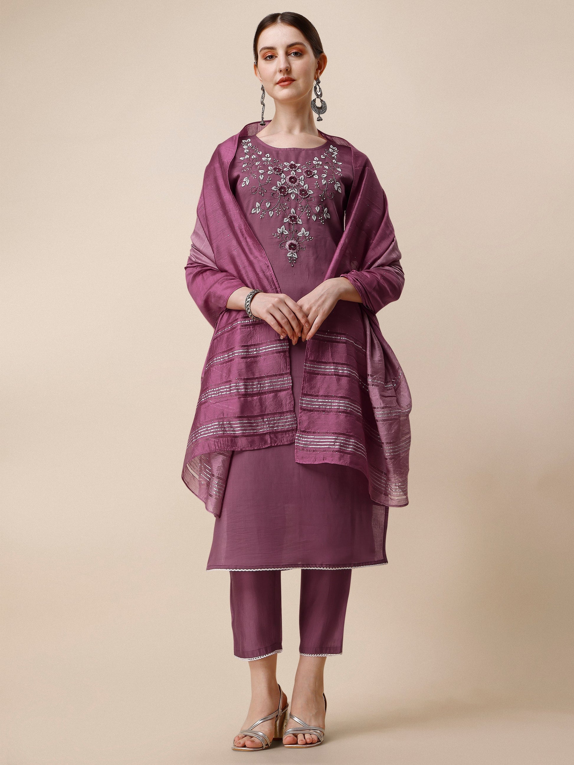 Hand Embroidered Chanderi Kurta With Pant And Dupatta Set, Multicolor - Hiral Fashion