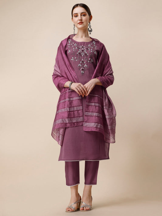 Hand Embroidered Chanderi Kurta With Pant And Dupatta Set, Multicolor - Hiral Fashion