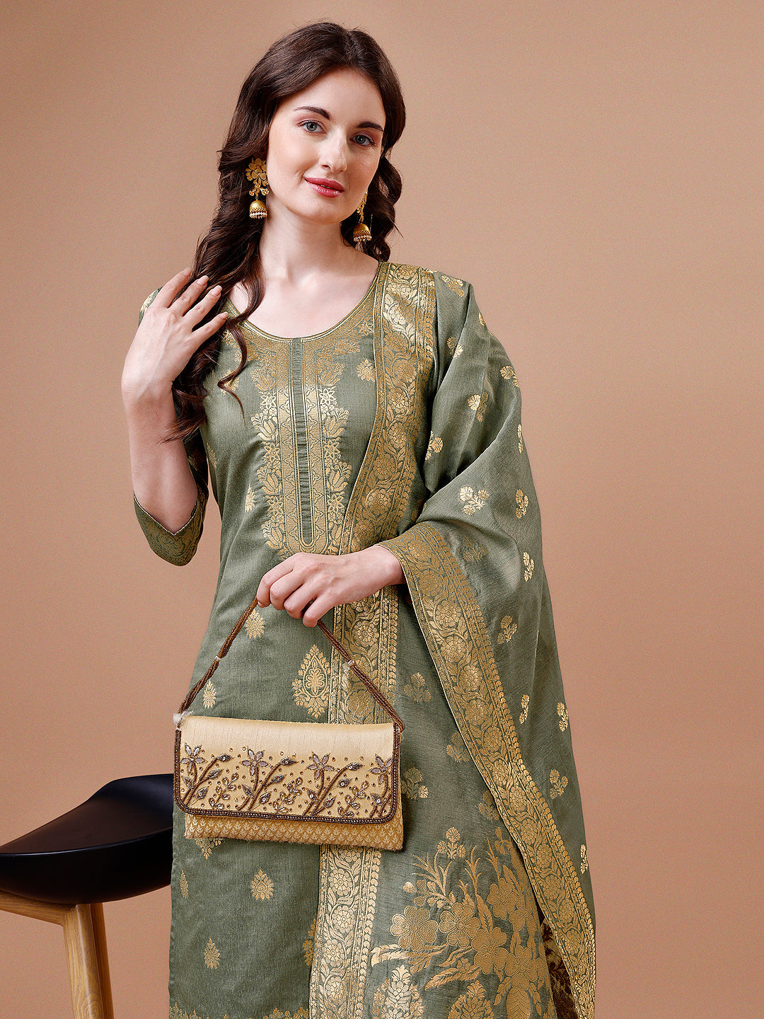 Pure Banarasi Chanderi Jacquard Kurta With Pant & Dupatta Set, Multicolor - Hiral Fashion