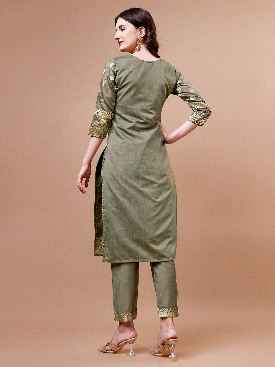 Pure Banarasi Chanderi Jacquard Kurta With Pant & Dupatta Set, Multicolor - Hiral Fashion