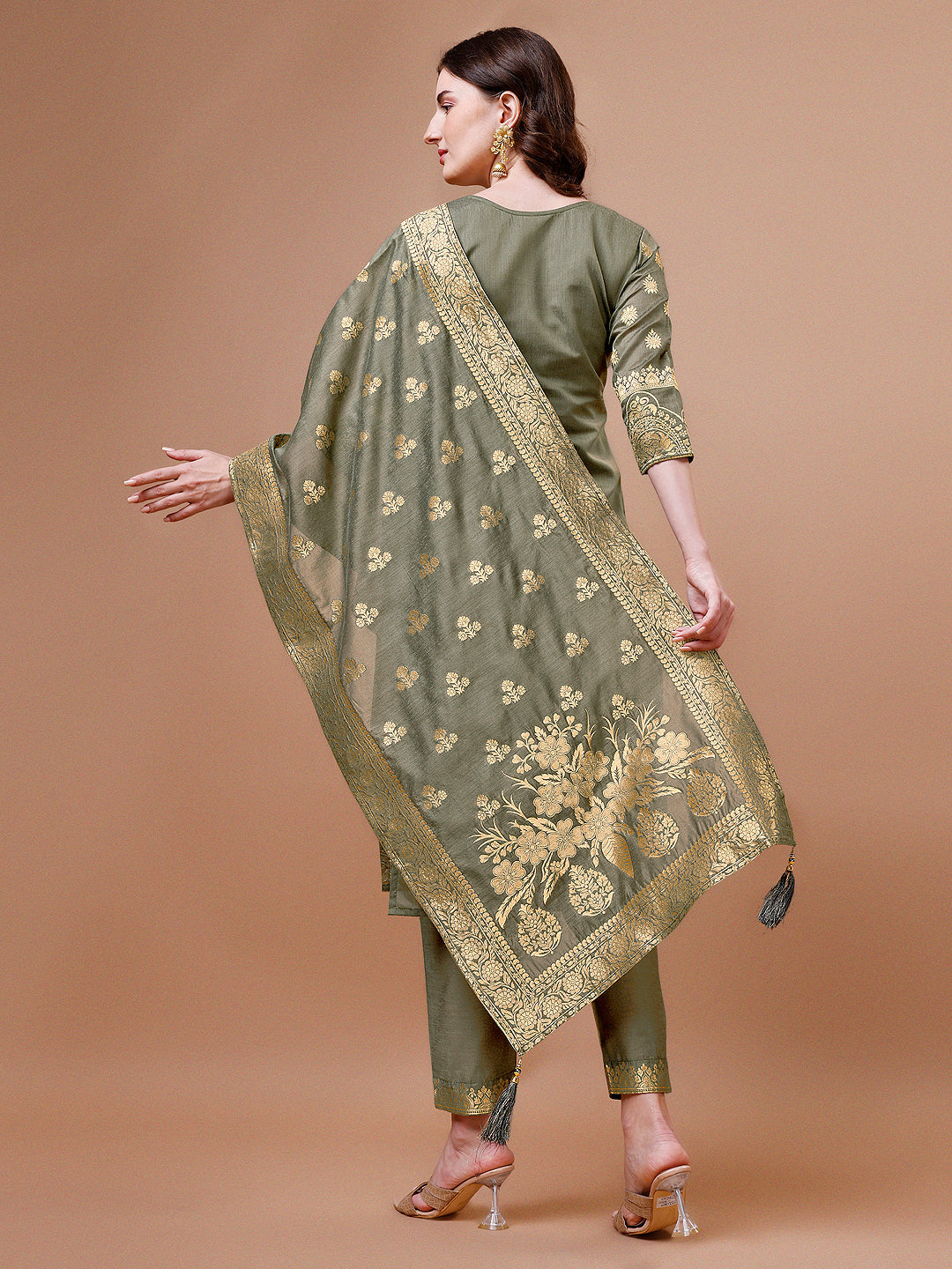 Pure Banarasi Chanderi Jacquard Kurta With Pant & Dupatta Set, Multicolor - Hiral Fashion