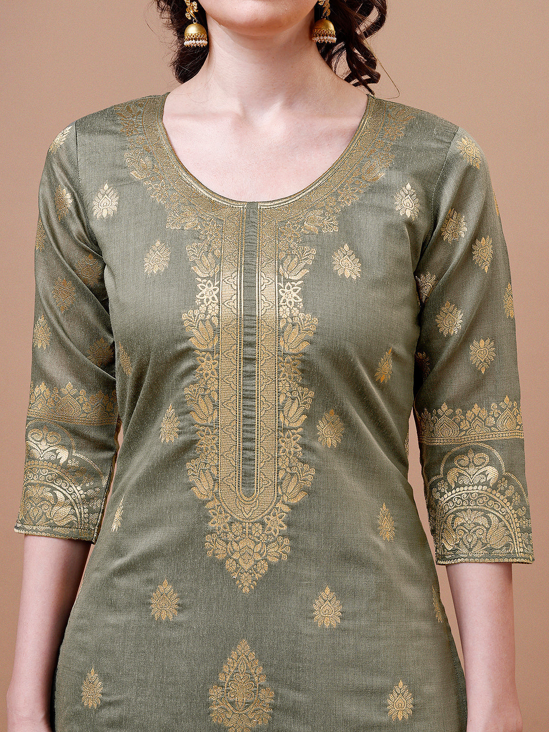 Pure Banarasi Chanderi Jacquard Kurta With Pant & Dupatta Set, Multicolor - Hiral Fashion