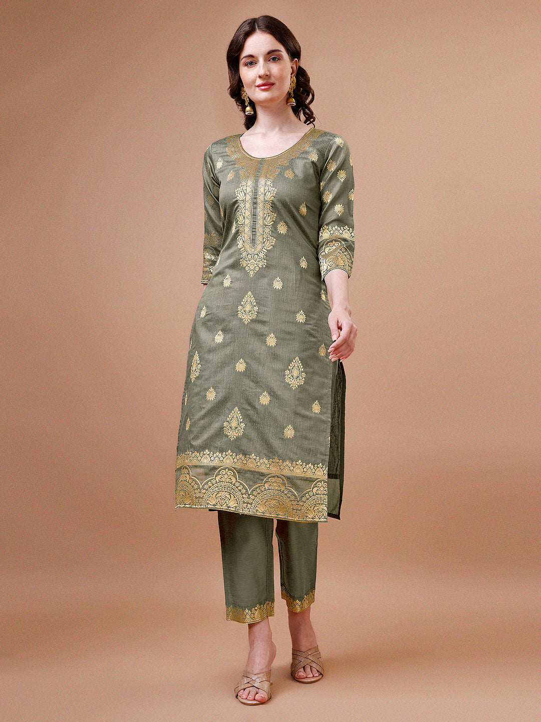 Pure Banarasi Chanderi Jacquard Kurta With Pant & Dupatta Set, Multicolor - Hiral Fashion