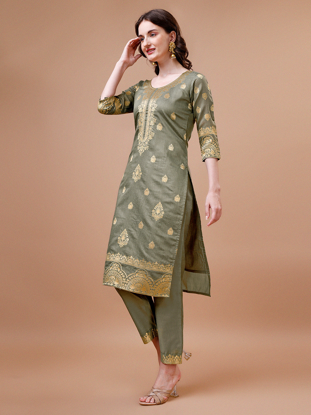 Pure Banarasi Chanderi Jacquard Kurta With Pant & Dupatta Set, Multicolor - Hiral Fashion