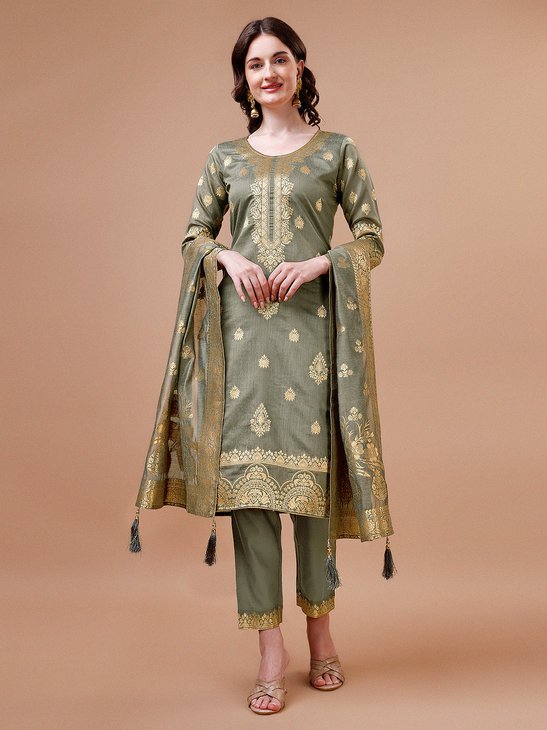 Pure Banarasi Chanderi Jacquard Kurta With Pant & Dupatta Set, Multicolor - Hiral Fashion