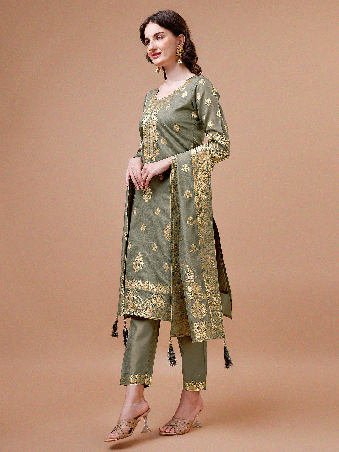 Pure Banarasi Chanderi Jacquard Kurta With Pant & Dupatta Set, Multicolor - Hiral Fashion