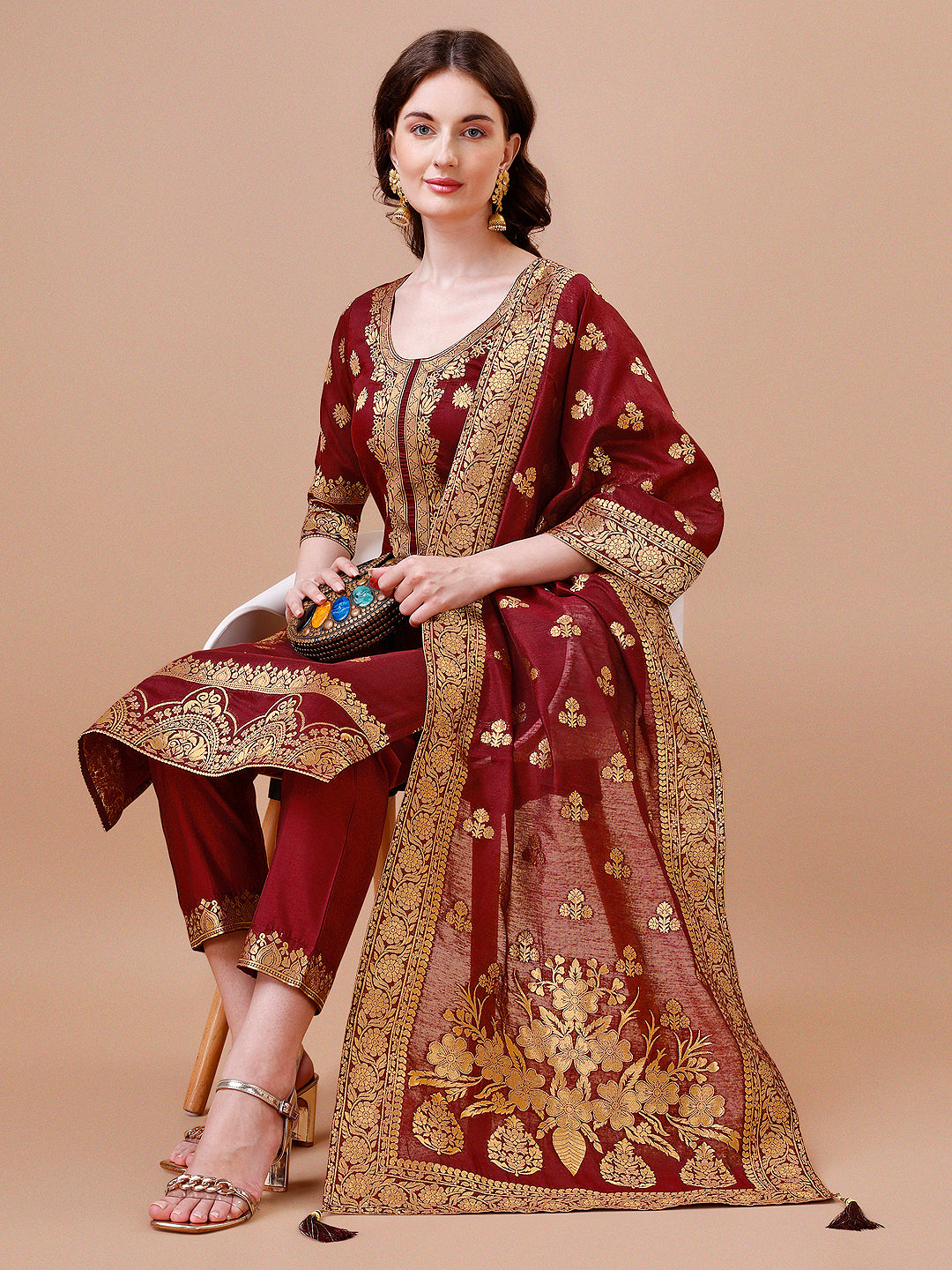 Pure Banarasi Chanderi Jacquard Kurta With Pant & Dupatta Set, Multicolor - Hiral Fashion