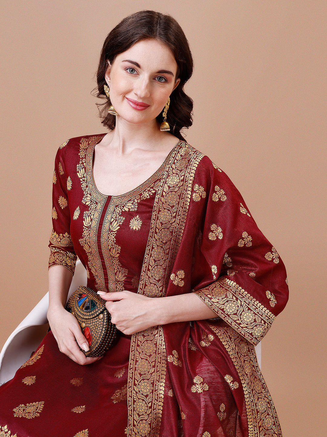 Pure Banarasi Chanderi Jacquard Kurta With Pant & Dupatta Set, Multicolor - Hiral Fashion