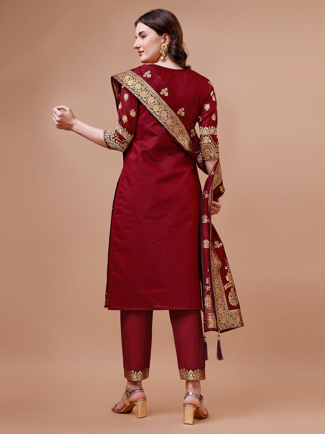 Pure Banarasi Chanderi Jacquard Kurta With Pant & Dupatta Set, Multicolor - Hiral Fashion