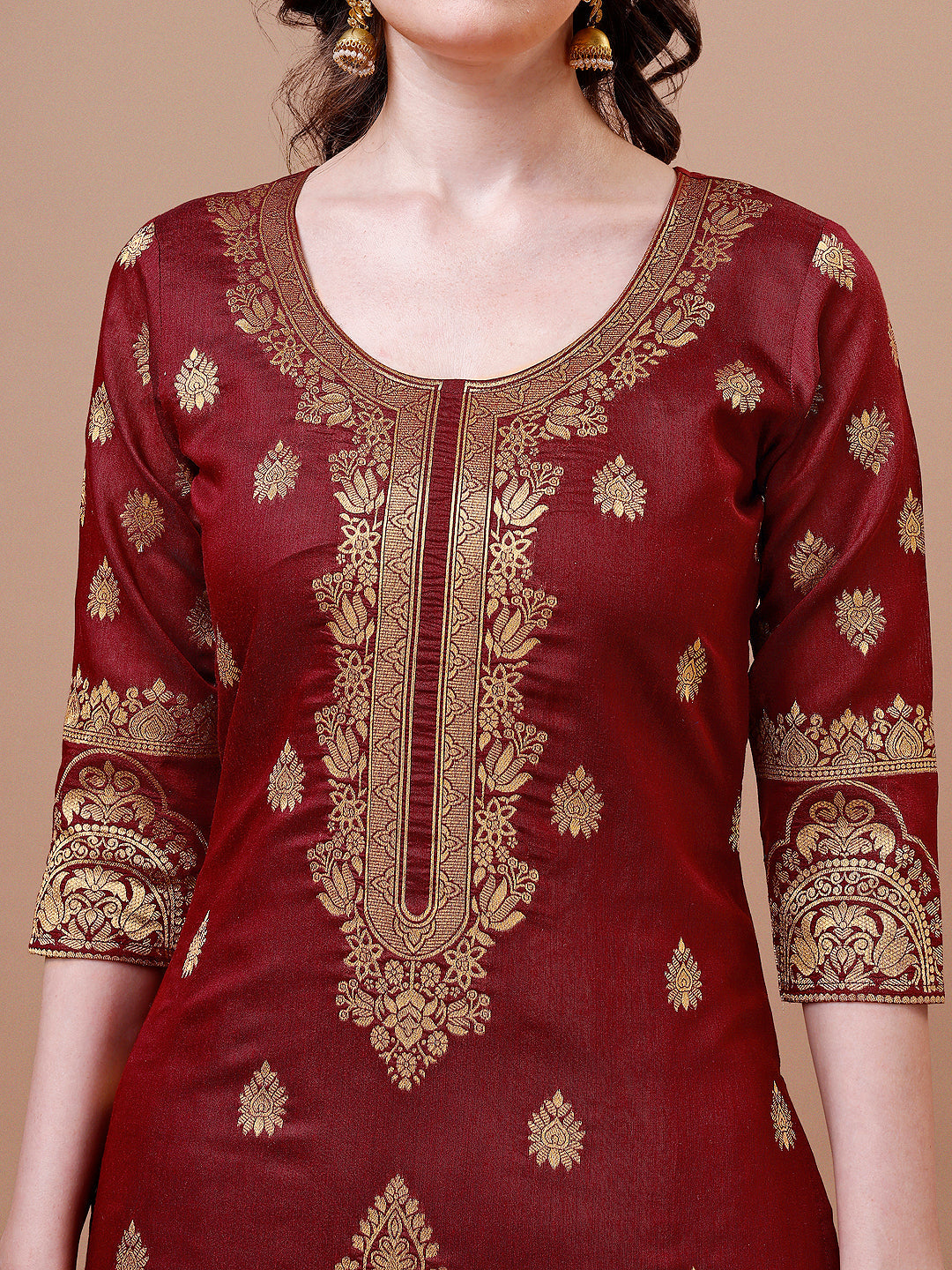 Pure Banarasi Chanderi Jacquard Kurta With Pant & Dupatta Set, Multicolor - Hiral Fashion