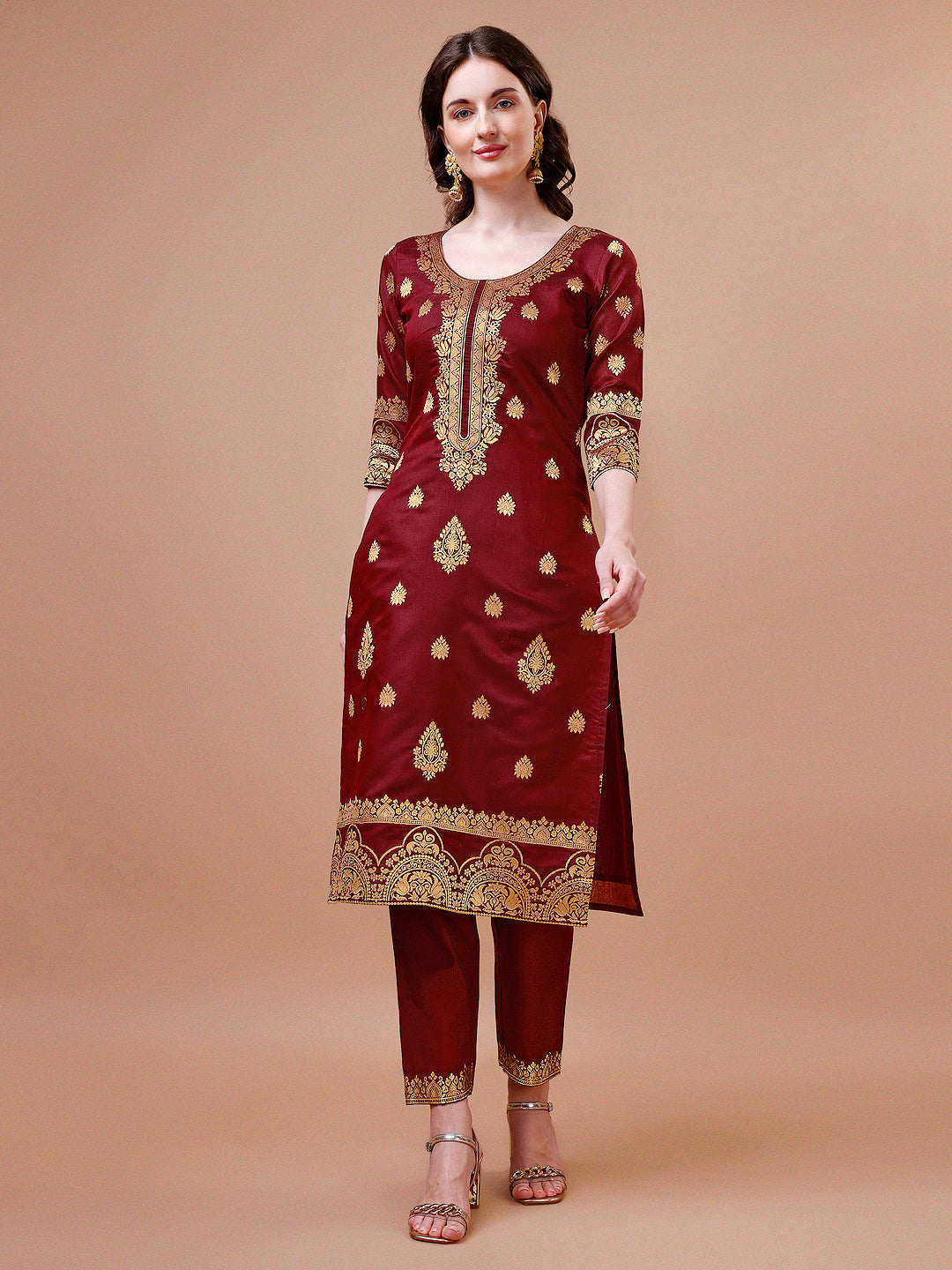 Pure Banarasi Chanderi Jacquard Kurta With Pant & Dupatta Set, Multicolor - Hiral Fashion