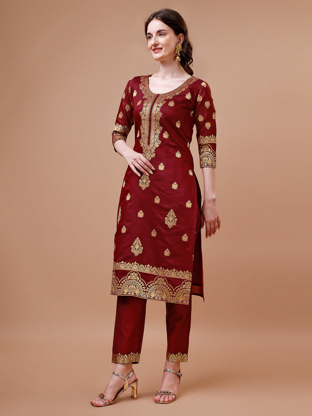 Pure Banarasi Chanderi Jacquard Kurta With Pant & Dupatta Set, Multicolor - Hiral Fashion