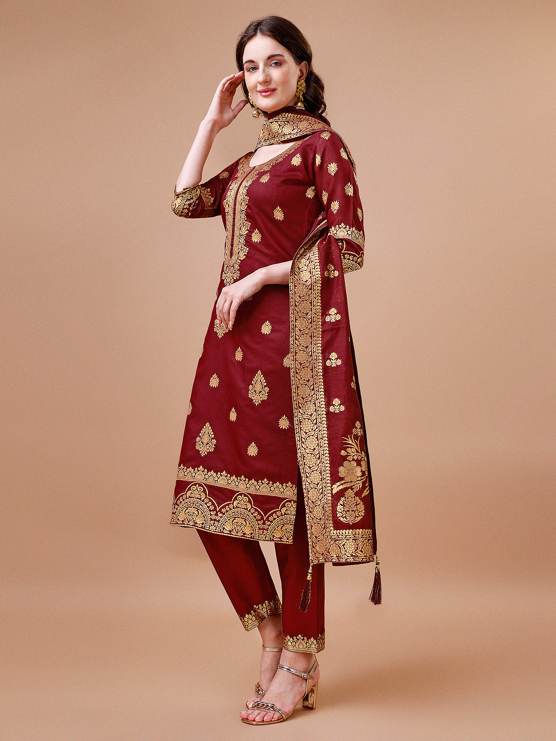 Pure Banarasi Chanderi Jacquard Kurta With Pant & Dupatta Set, Multicolor - Hiral Fashion