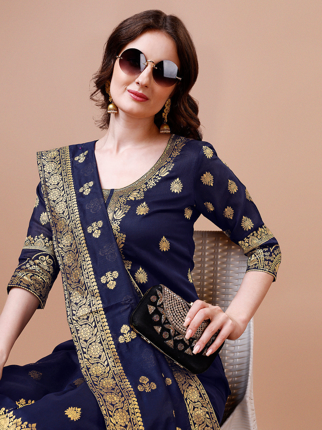 Pure Banarasi Chanderi Jacquard Kurta With Pant & Dupatta Set, Multicolor - Hiral Fashion