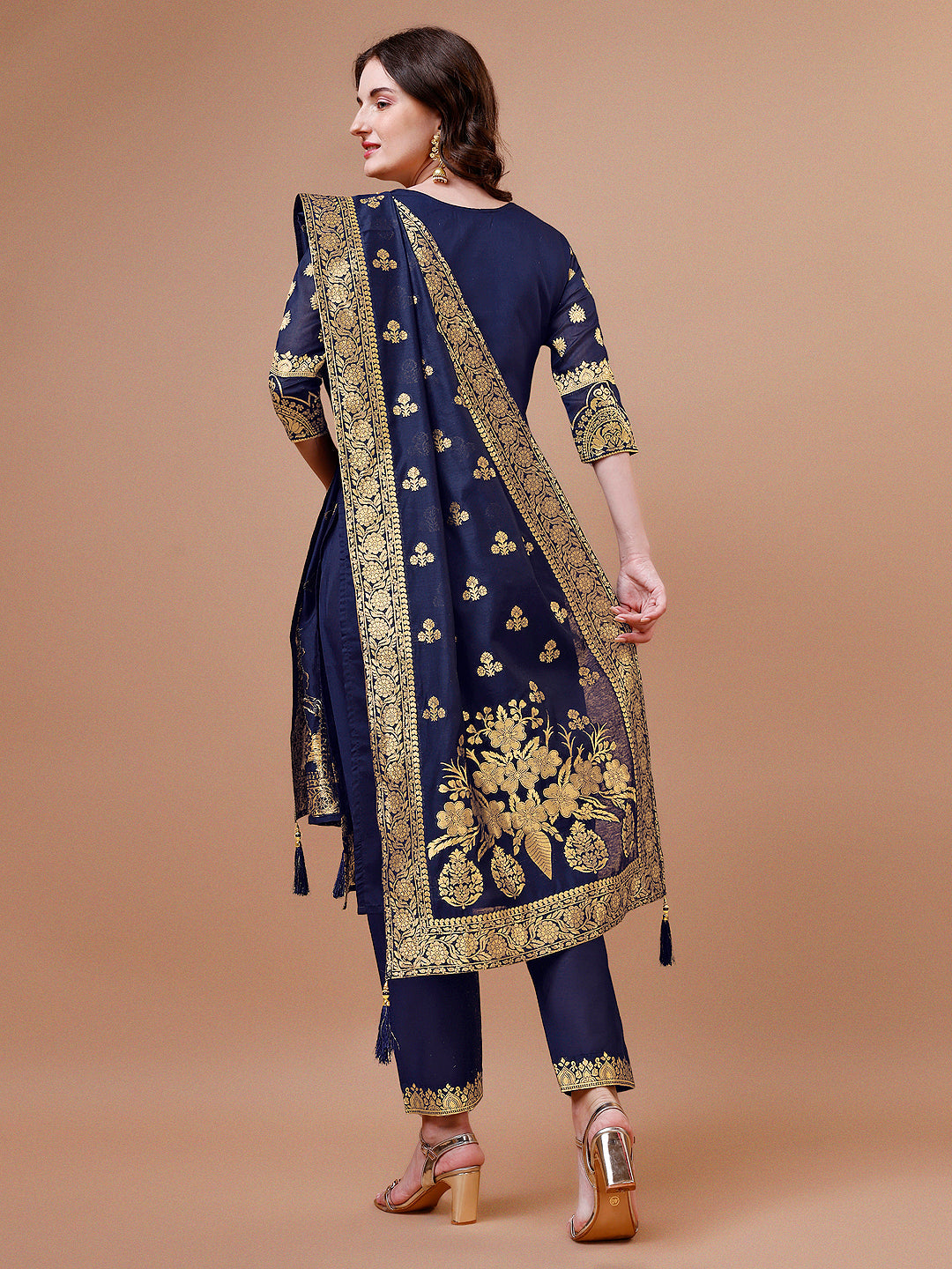 Pure Banarasi Chanderi Jacquard Kurta With Pant & Dupatta Set, Multicolor - Hiral Fashion