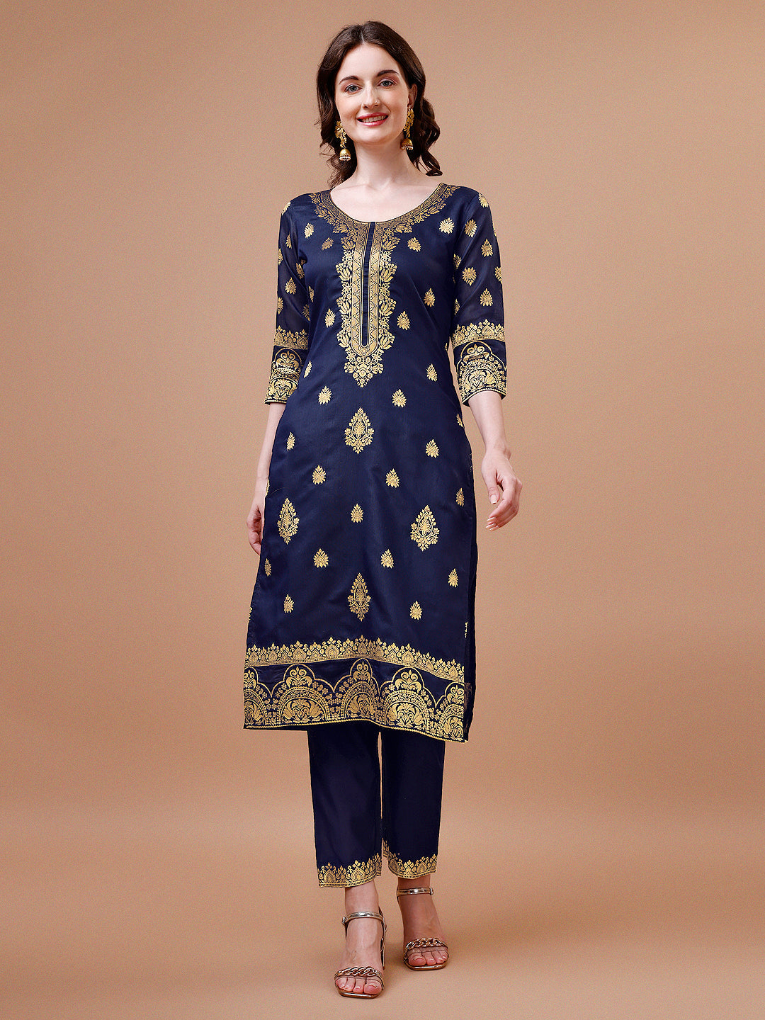 Pure Banarasi Chanderi Jacquard Kurta With Pant & Dupatta Set, Multicolor - Hiral Fashion