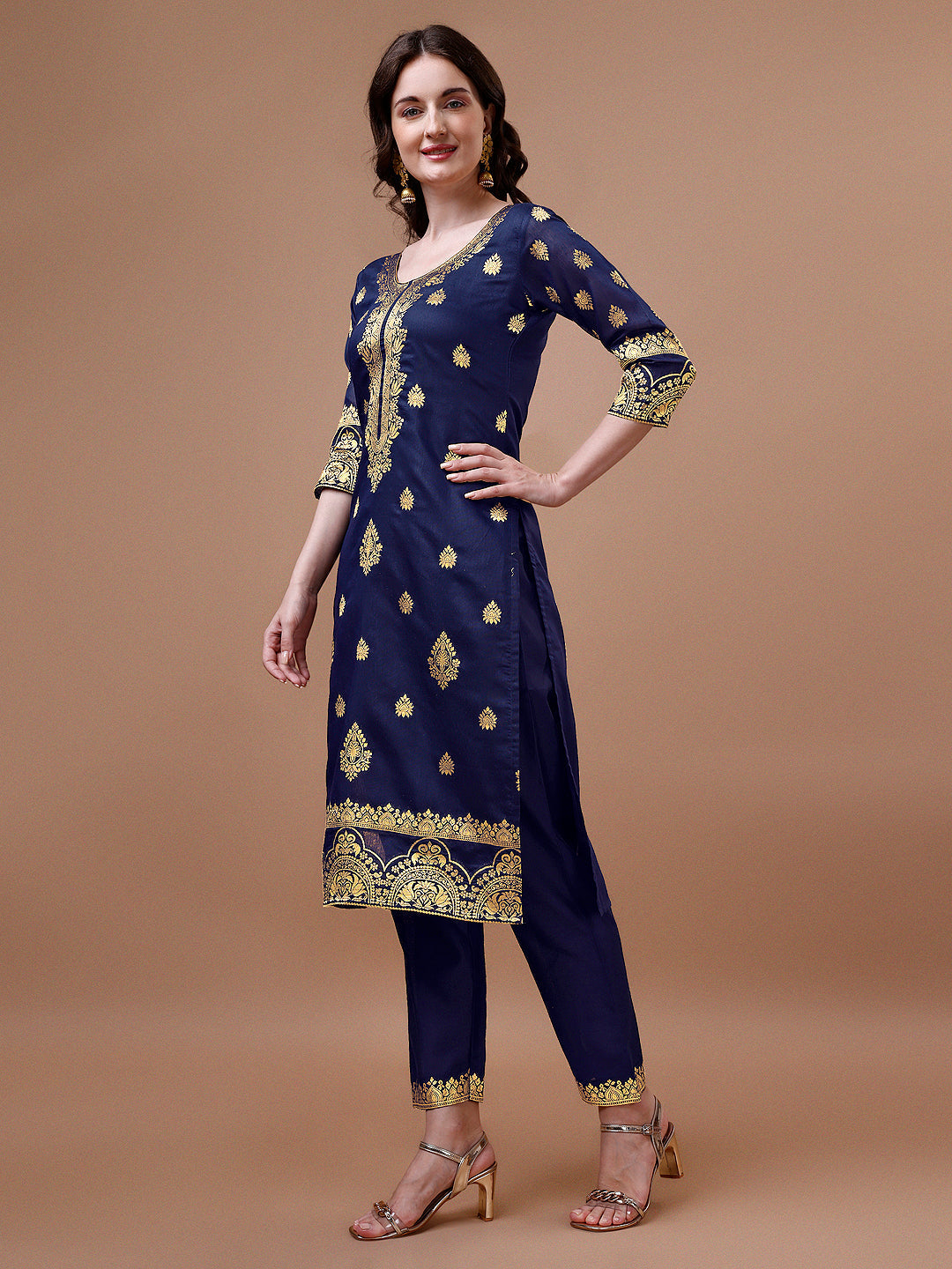 Pure Banarasi Chanderi Jacquard Kurta With Pant & Dupatta Set, Multicolor - Hiral Fashion