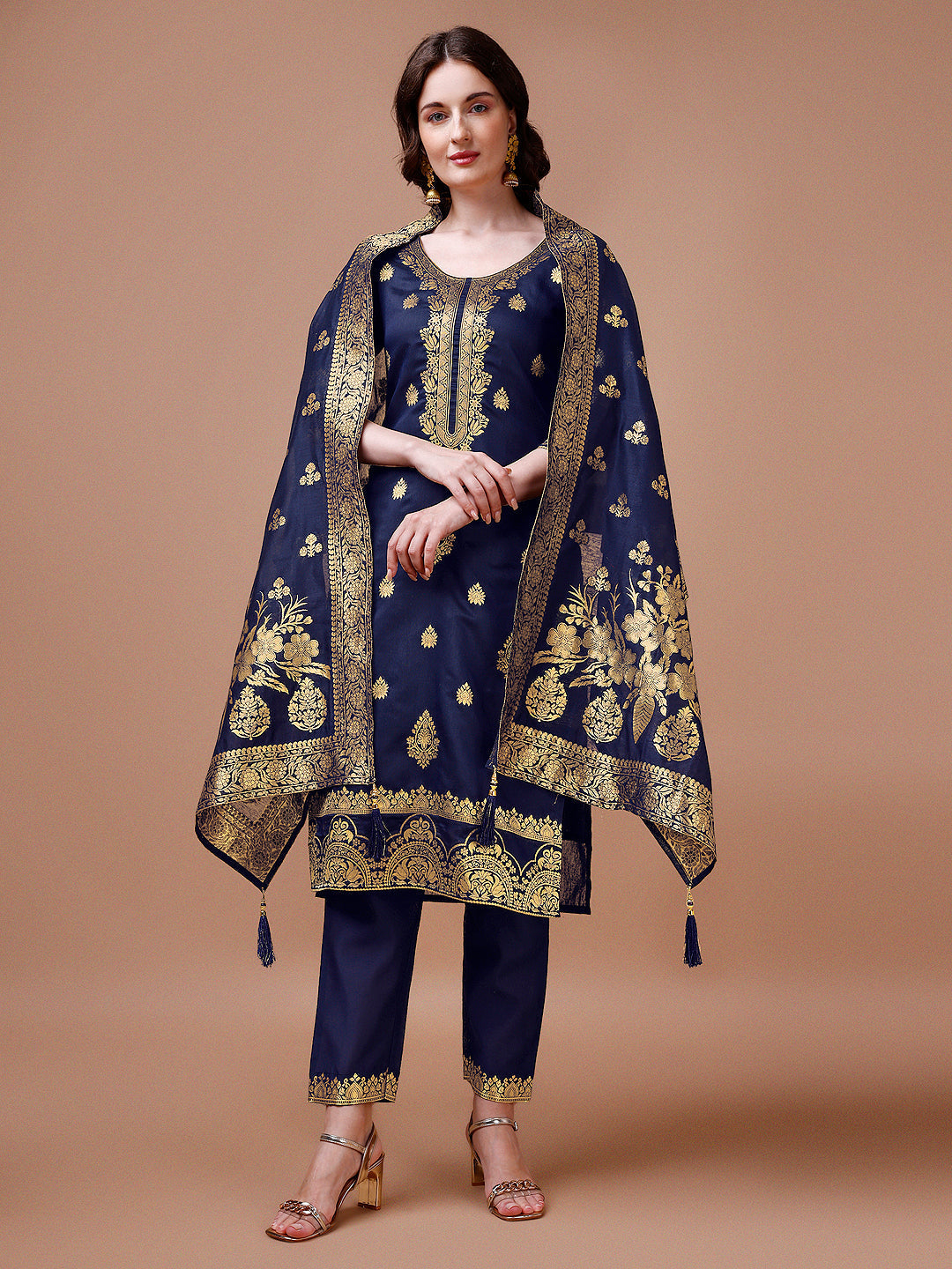 Pure Banarasi Chanderi Jacquard Kurta With Pant & Dupatta Set, Multicolor - Hiral Fashion