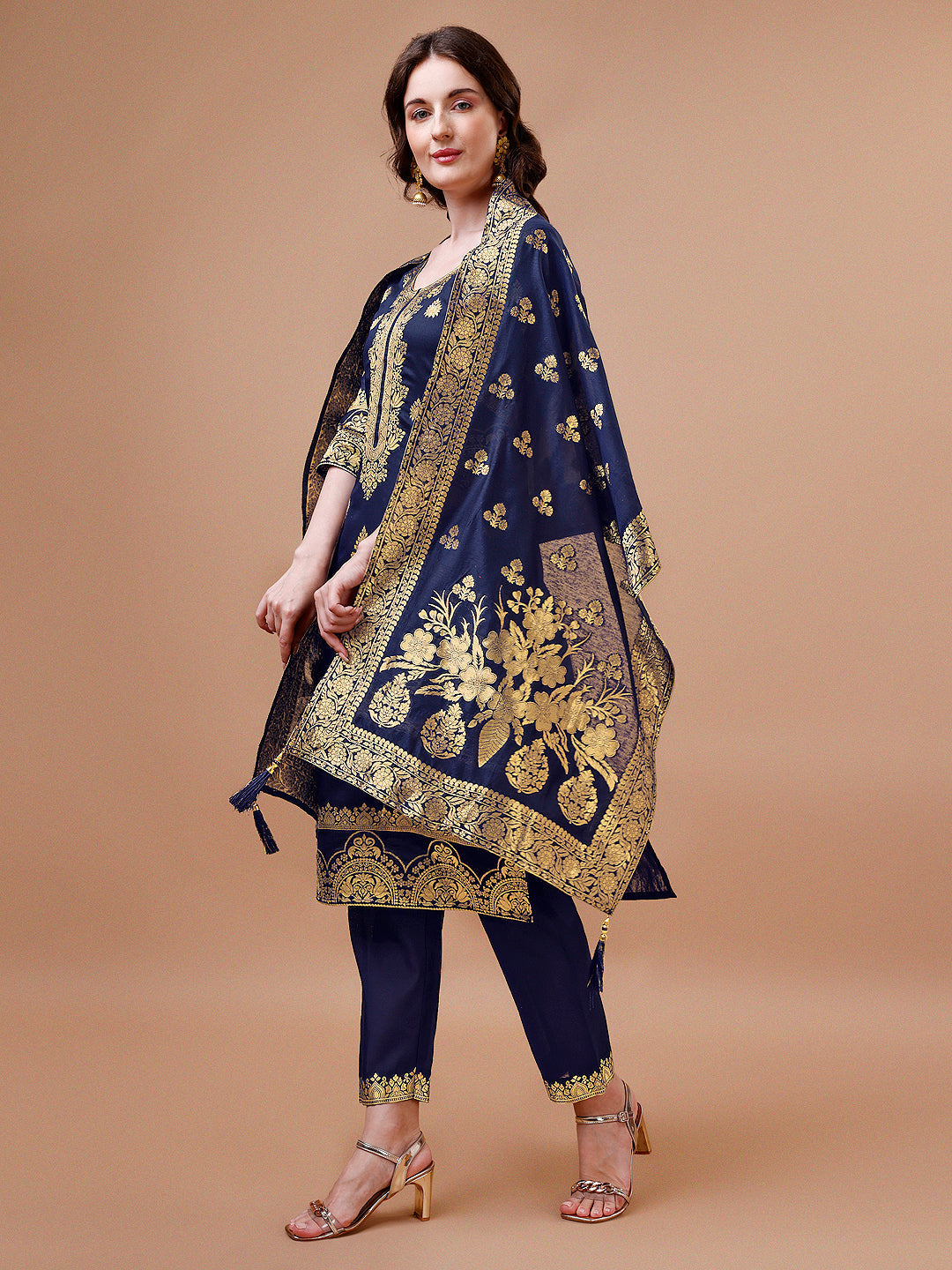 Pure Banarasi Chanderi Jacquard Kurta With Pant & Dupatta Set, Multicolor - Hiral Fashion