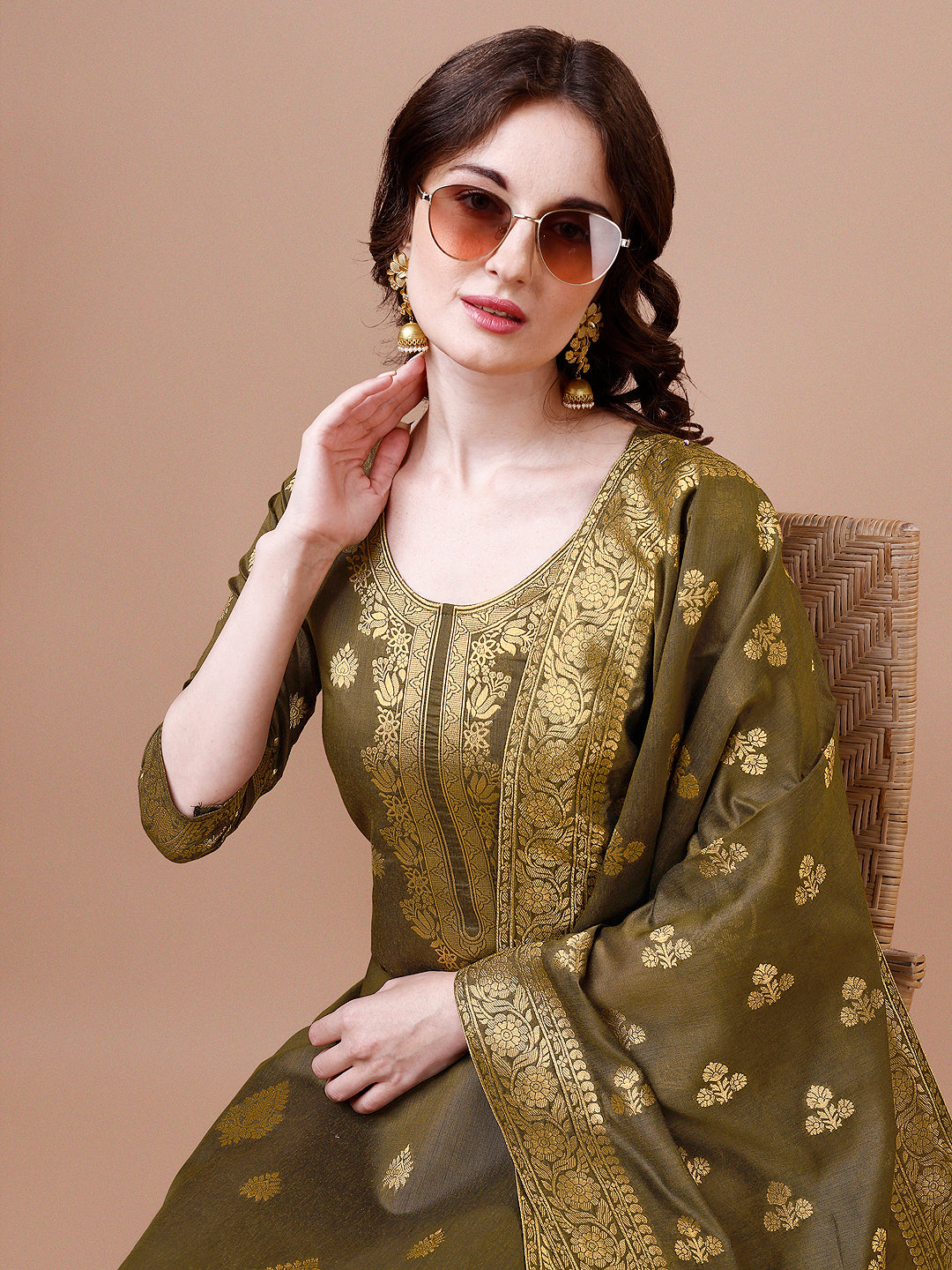 Pure Banarasi Chanderi Jacquard Kurta With Pant & Dupatta Set, Multicolor - Hiral Fashion