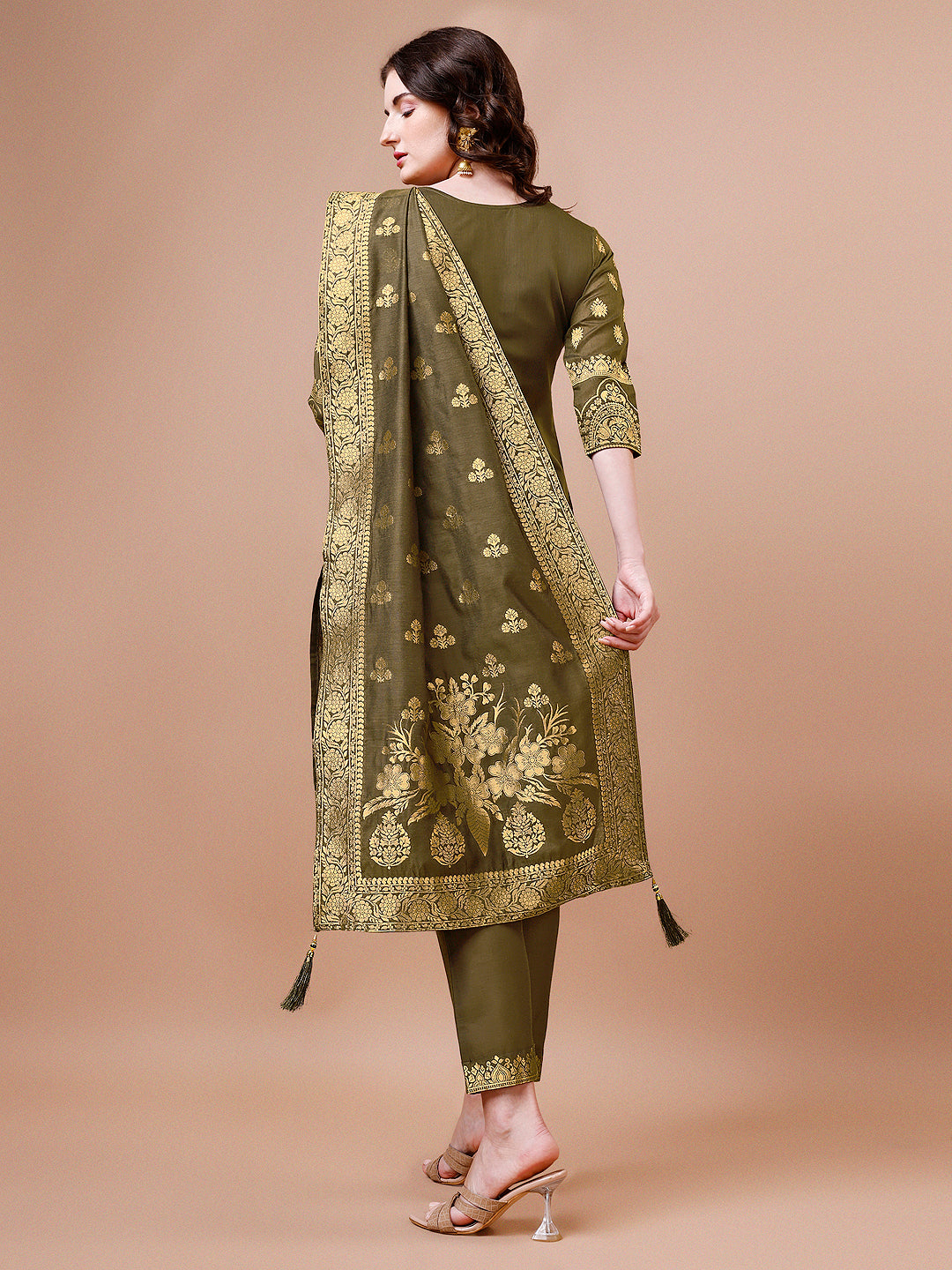 Pure Banarasi Chanderi Jacquard Kurta With Pant & Dupatta Set, Multicolor - Hiral Fashion