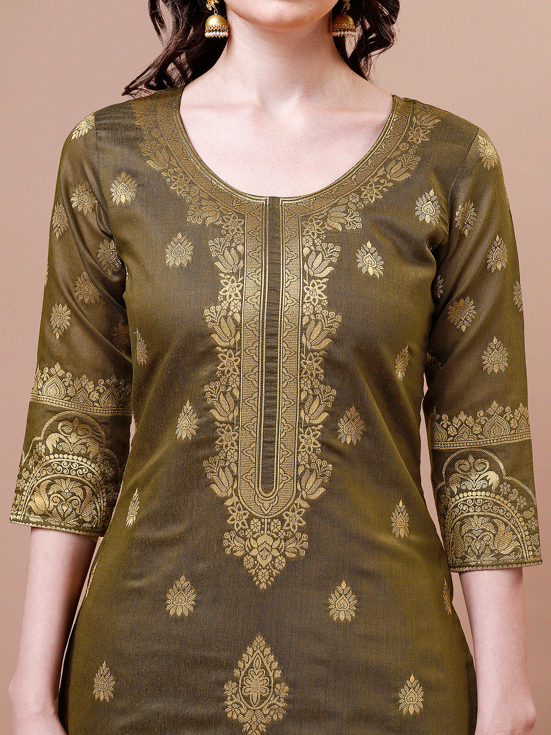 Pure Banarasi Chanderi Jacquard Kurta With Pant & Dupatta Set, Multicolor - Hiral Fashion