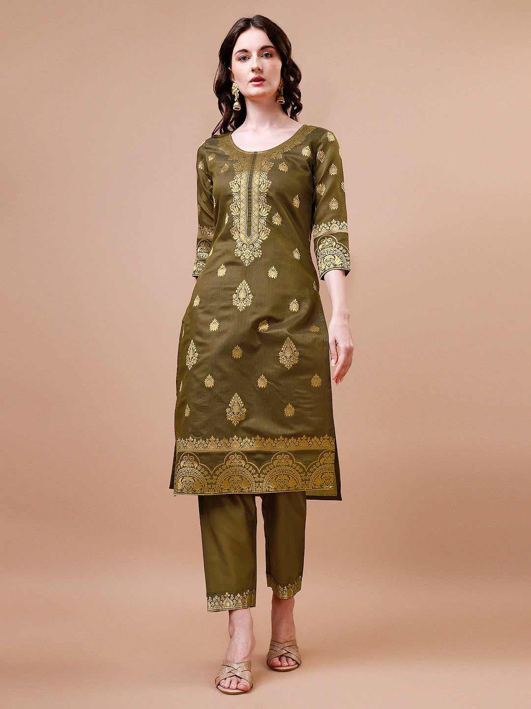 Pure Banarasi Chanderi Jacquard Kurta With Pant & Dupatta Set, Multicolor - Hiral Fashion