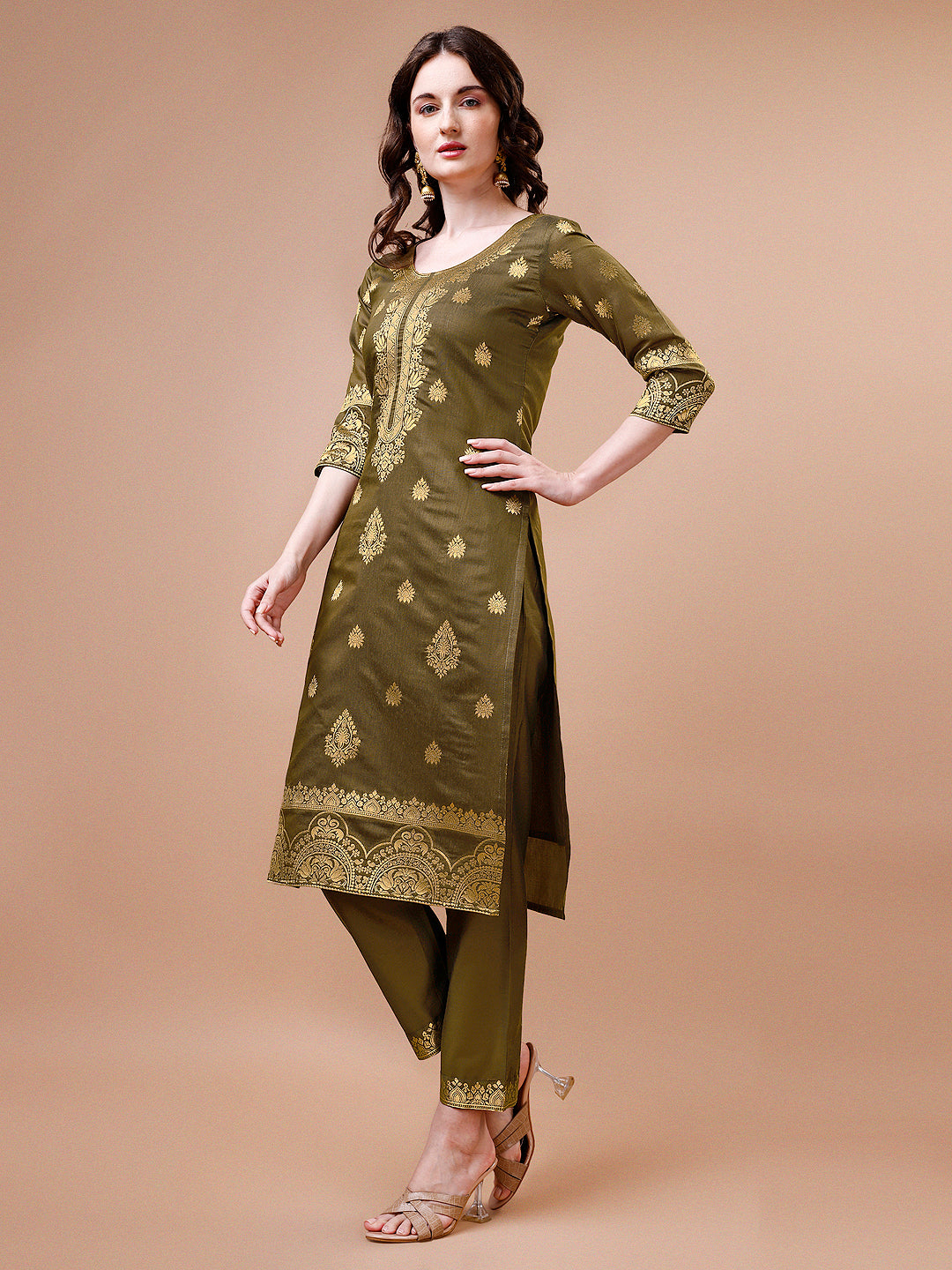 Pure Banarasi Chanderi Jacquard Kurta With Pant & Dupatta Set, Multicolor - Hiral Fashion