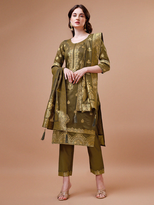 Pure Banarasi Chanderi Jacquard Kurta With Pant & Dupatta Set, Multicolor - Hiral Fashion