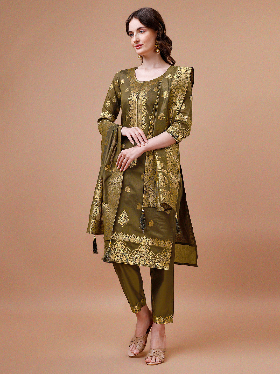 Pure Banarasi Chanderi Jacquard Kurta With Pant & Dupatta Set, Multicolor - Hiral Fashion