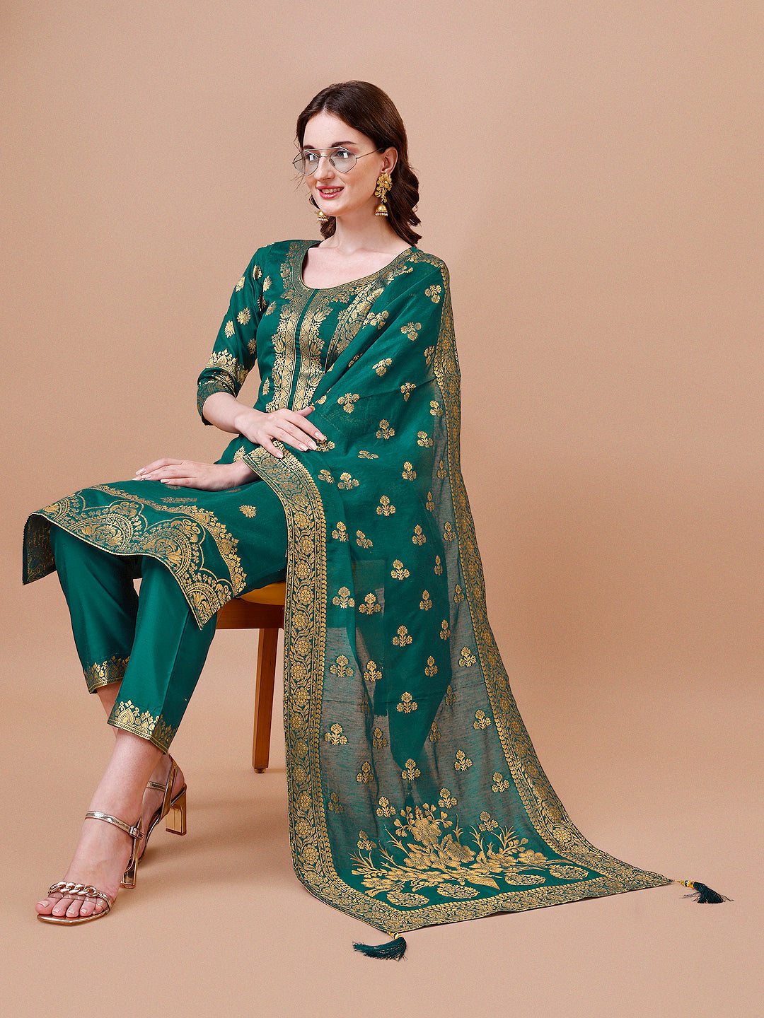 Pure Banarasi Chanderi Jacquard Kurta With Pant & Dupatta Set, Multicolor - Hiral Fashion