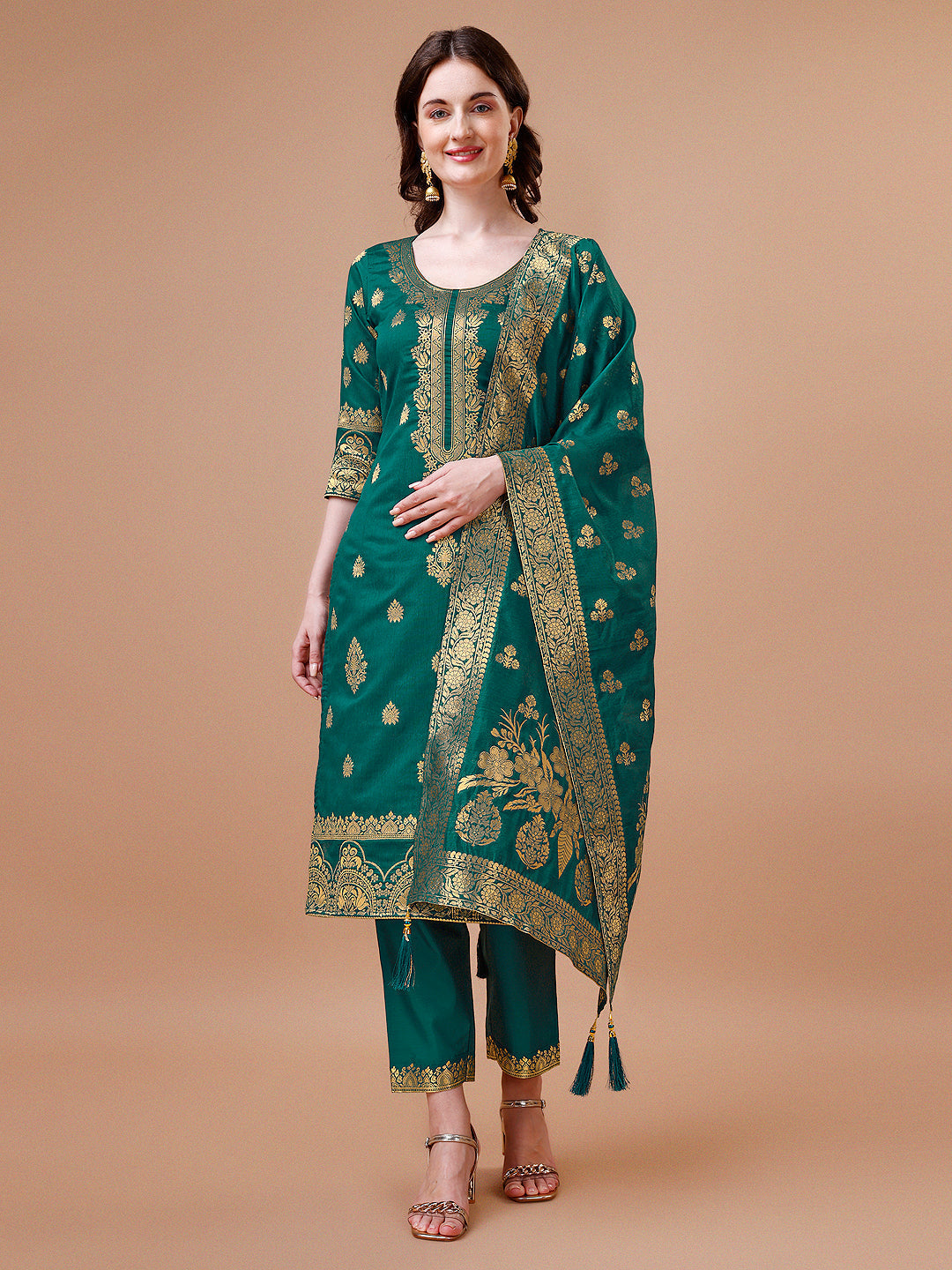 Pure Banarasi Chanderi Jacquard Kurta With Pant & Dupatta Set, Multicolor - Hiral Fashion