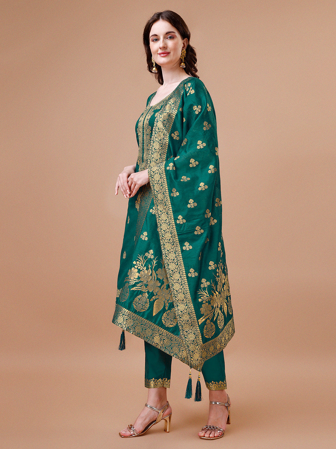 Pure Banarasi Chanderi Jacquard Kurta With Pant & Dupatta Set, Multicolor - Hiral Fashion