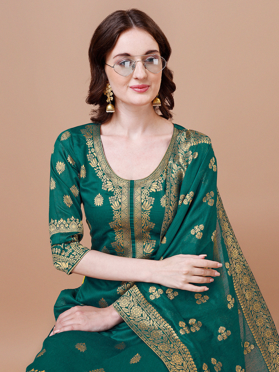 Pure Banarasi Chanderi Jacquard Kurta With Pant & Dupatta Set, Multicolor - Hiral Fashion