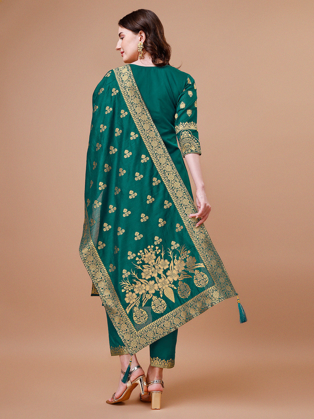 Pure Banarasi Chanderi Jacquard Kurta With Pant & Dupatta Set, Multicolor - Hiral Fashion